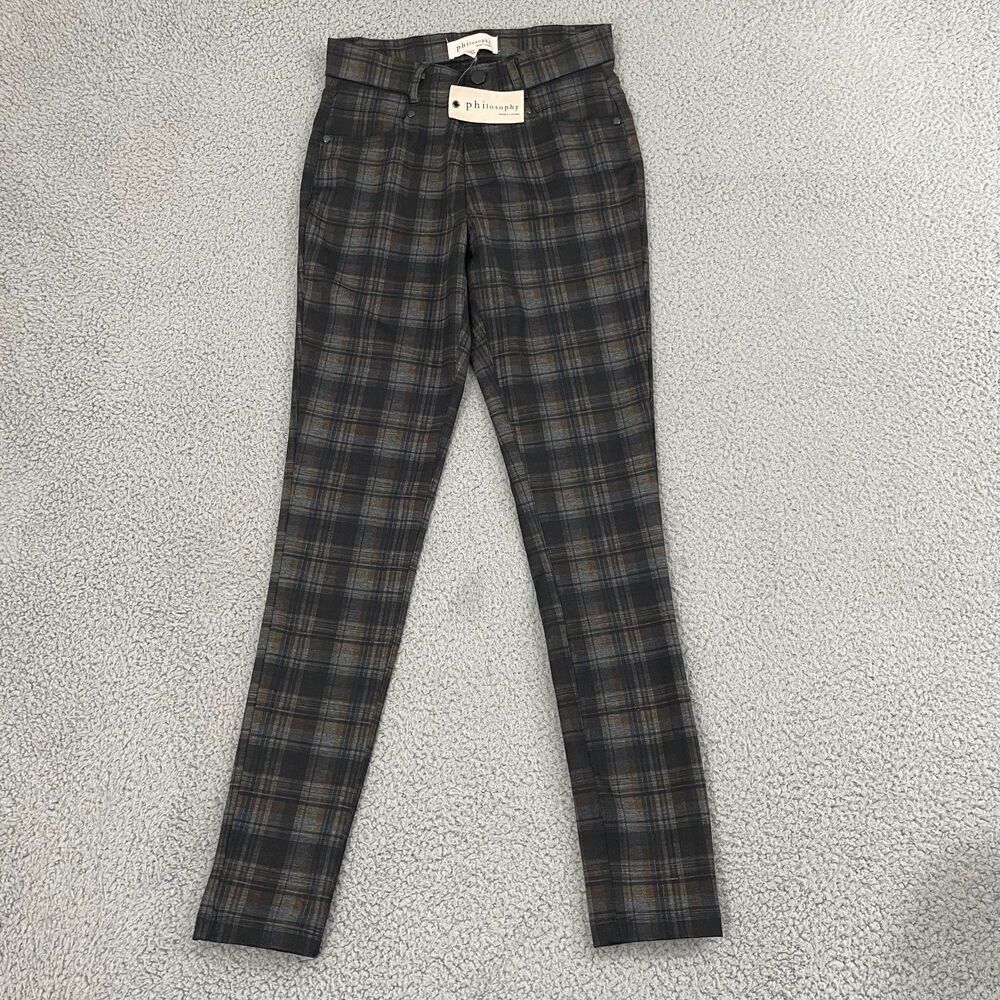NWT Philosophy Plaid Pants‎ Women XS Gray Stretch Skinny Preppy Acadamia